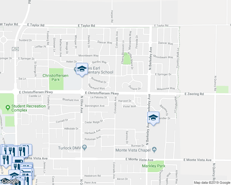 map of restaurants, bars, coffee shops, grocery stores, and more near Colorado Avenue in Turlock