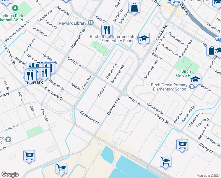 map of restaurants, bars, coffee shops, grocery stores, and more near 6564 Clark Avenue in Newark