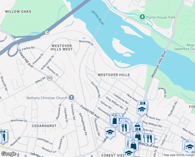 map of restaurants, bars, coffee shops, grocery stores, and more near 5401 Dorchester Road in Richmond