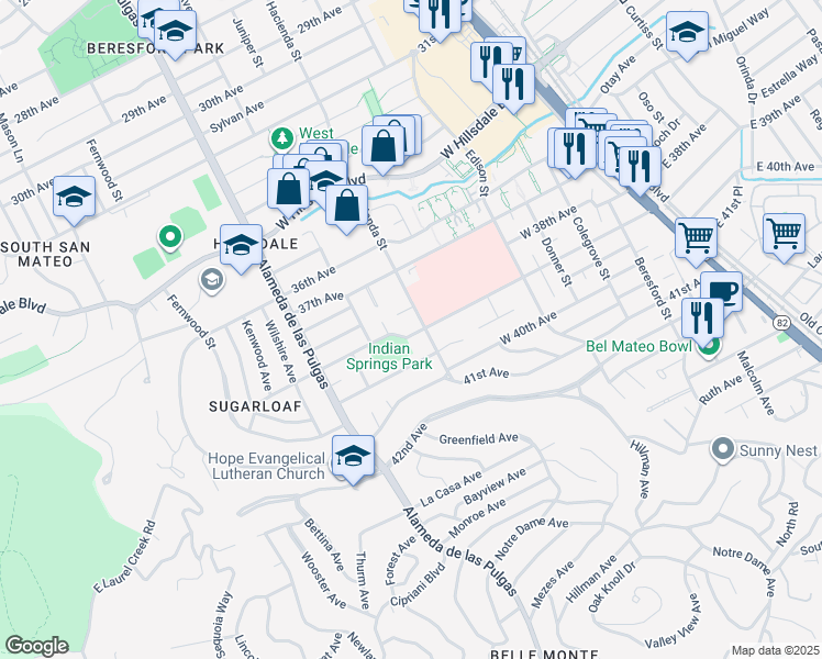 map of restaurants, bars, coffee shops, grocery stores, and more near 312 West 39th Avenue in San Mateo