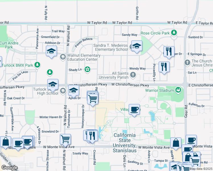 map of restaurants, bars, coffee shops, grocery stores, and more near 1200 West Zeering Road in Turlock