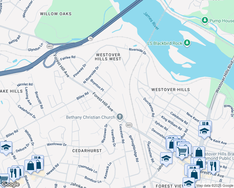 map of restaurants, bars, coffee shops, grocery stores, and more near 5501 Woodburn Court in Richmond