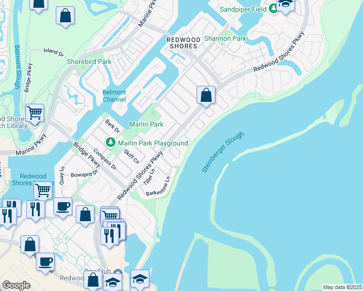 map of restaurants, bars, coffee shops, grocery stores, and more near 24 Cadiz Circle in Redwood City