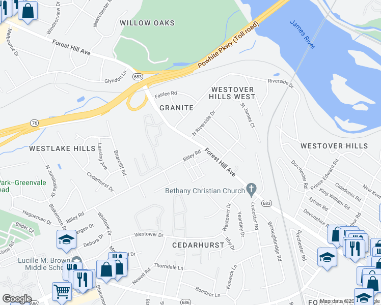 map of restaurants, bars, coffee shops, grocery stores, and more near 5720 Bliley Road in Richmond