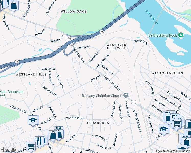 map of restaurants, bars, coffee shops, grocery stores, and more near 5720 Bliley Road in Richmond