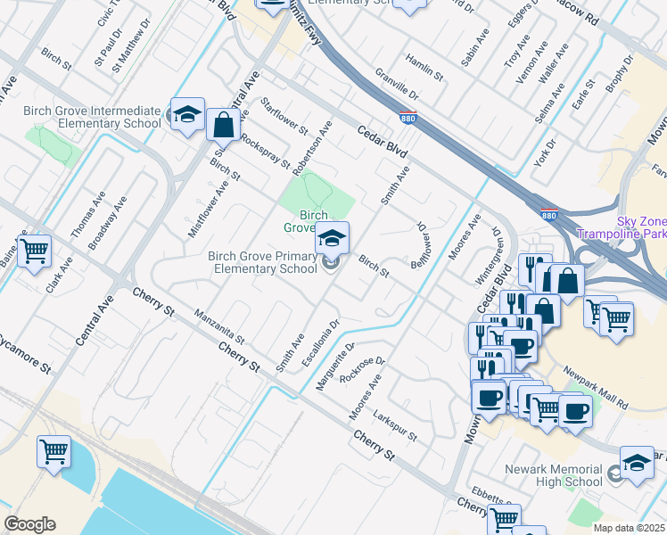 map of restaurants, bars, coffee shops, grocery stores, and more near 6071 Smith Avenue in Newark