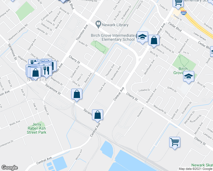 map of restaurants, bars, coffee shops, grocery stores, and more near 6564 Clark Avenue in Newark