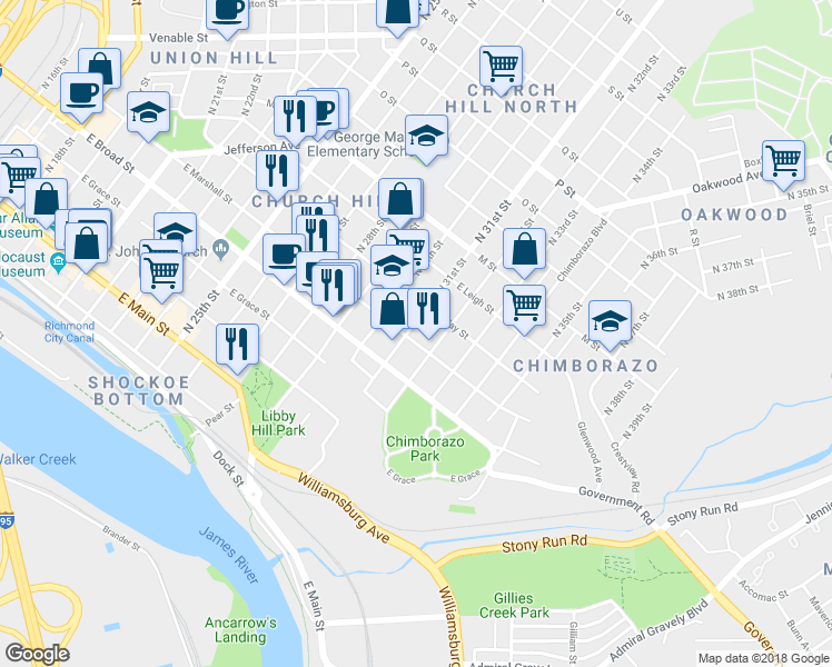 map of restaurants, bars, coffee shops, grocery stores, and more near 3102 East Marshall Street in Richmond