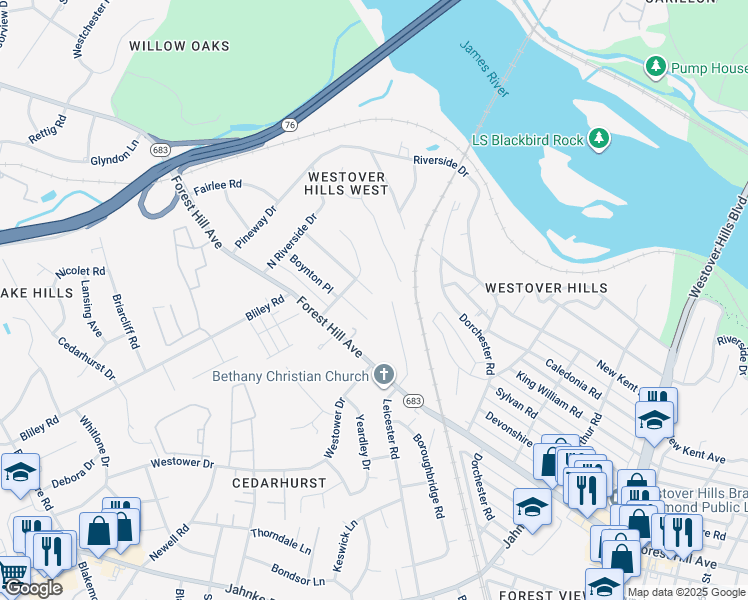 map of restaurants, bars, coffee shops, grocery stores, and more near 5501 Woodburn Court in Richmond