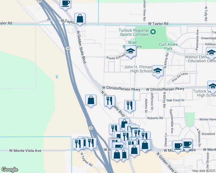map of restaurants, bars, coffee shops, grocery stores, and more near 3069 West Christoffersen Parkway in Turlock