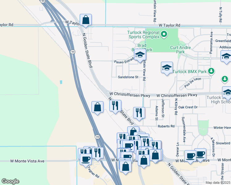 map of restaurants, bars, coffee shops, grocery stores, and more near 3071 West Christoffersen Parkway in Turlock