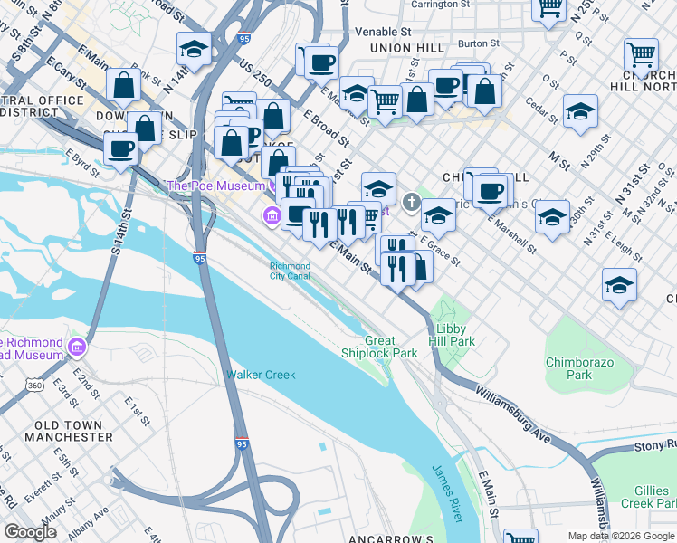 map of restaurants, bars, coffee shops, grocery stores, and more near 2314 East Main Street in Richmond