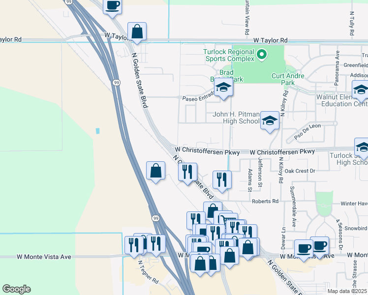 map of restaurants, bars, coffee shops, grocery stores, and more near 3075 West Christoffersen Parkway in Turlock