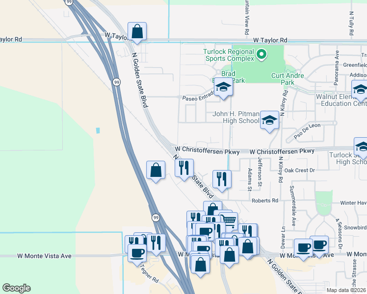 map of restaurants, bars, coffee shops, grocery stores, and more near 3077 West Christoffersen Parkway in Turlock