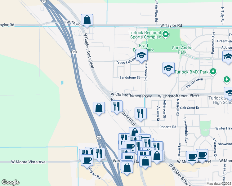 map of restaurants, bars, coffee shops, grocery stores, and more near 3079 West Christoffersen Parkway in Turlock