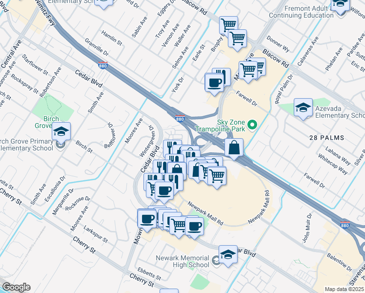 map of restaurants, bars, coffee shops, grocery stores, and more near 5702 Pandorea Terrace in Newark
