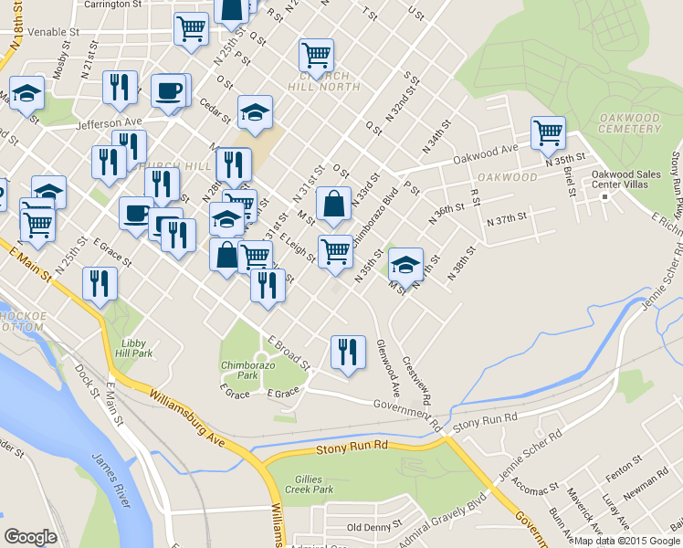 map of restaurants, bars, coffee shops, grocery stores, and more near 617 Chimborazo Boulevard in Richmond