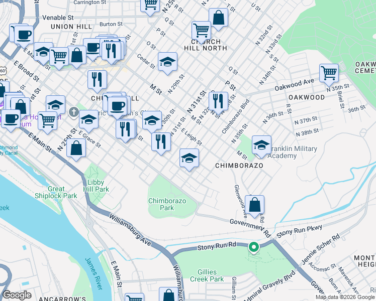 map of restaurants, bars, coffee shops, grocery stores, and more near 512 North 32nd Street in Richmond