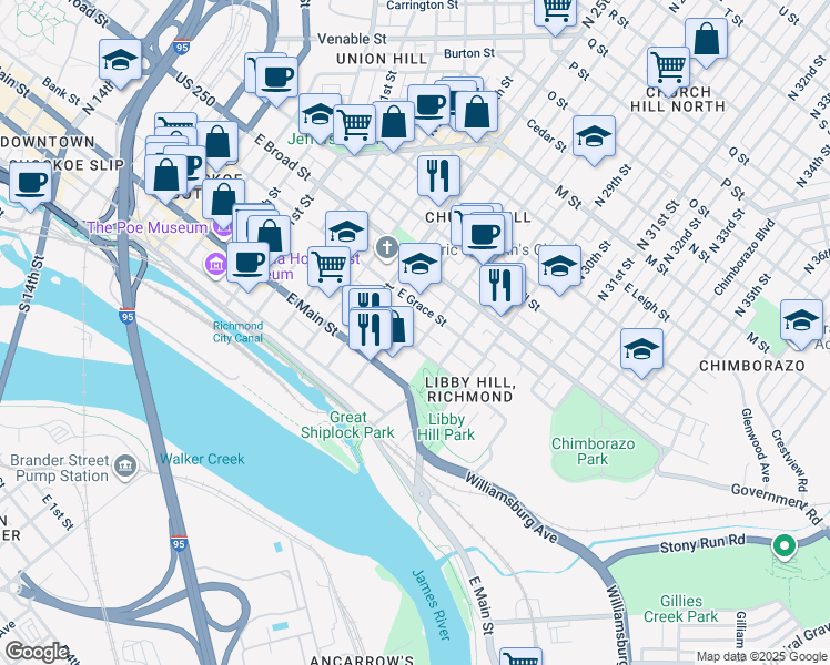 map of restaurants, bars, coffee shops, grocery stores, and more near 2612 East Grace Street in Richmond