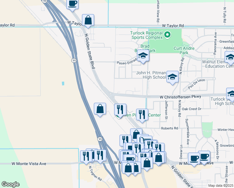 map of restaurants, bars, coffee shops, grocery stores, and more near 3081 West Christoffersen Parkway in Turlock