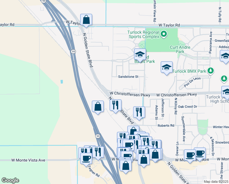 map of restaurants, bars, coffee shops, grocery stores, and more near 3083 West Christoffersen Parkway in Turlock