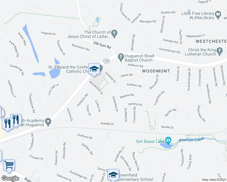 map of restaurants, bars, coffee shops, grocery stores, and more near 2517 Schenley Drive in Richmond