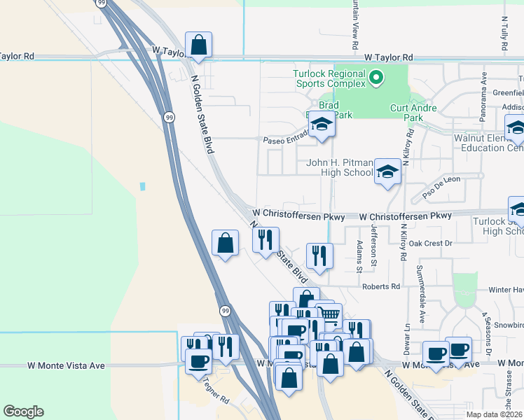 map of restaurants, bars, coffee shops, grocery stores, and more near 3087 West Christoffersen Parkway in Turlock