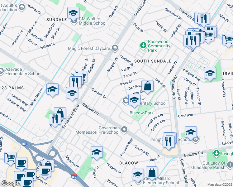map of restaurants, bars, coffee shops, grocery stores, and more near 4744 Bach Court in Fremont