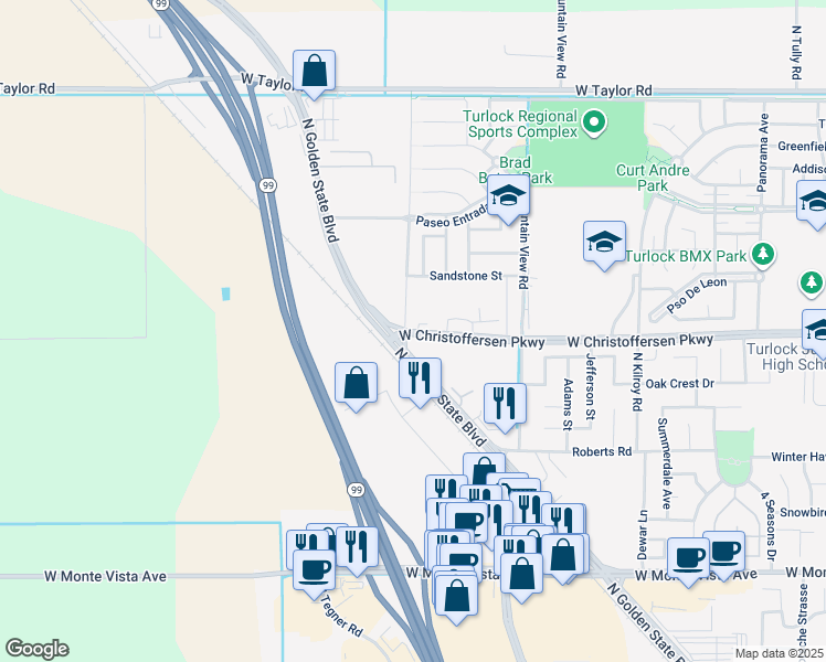 map of restaurants, bars, coffee shops, grocery stores, and more near 3089 West Christoffersen Parkway in Turlock