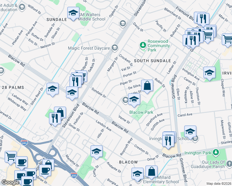 map of restaurants, bars, coffee shops, grocery stores, and more near 4744 Bach Court in Fremont