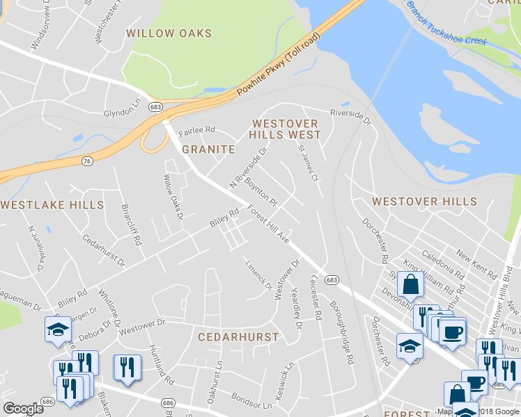 map of restaurants, bars, coffee shops, grocery stores, and more near 5622 Forest Hill Avenue in Richmond