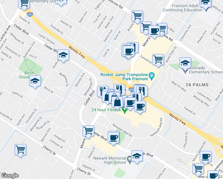 map of restaurants, bars, coffee shops, grocery stores, and more near 5606 Primula Terrace in Newark