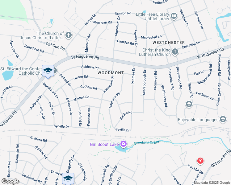 map of restaurants, bars, coffee shops, grocery stores, and more near 2530 Traymore Road in Richmond