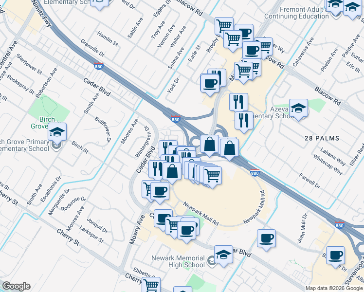 map of restaurants, bars, coffee shops, grocery stores, and more near 38984 Primula Terrace in Newark