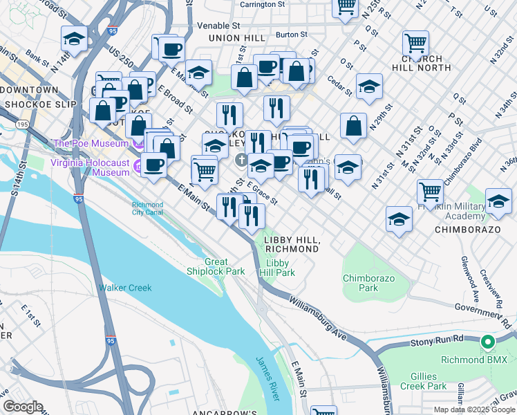 map of restaurants, bars, coffee shops, grocery stores, and more near 2610 East Franklin Street in Richmond