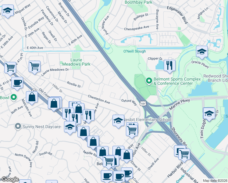 map of restaurants, bars, coffee shops, grocery stores, and more near 120 Seagate Drive in San Mateo