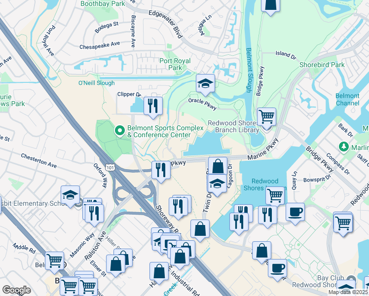 map of restaurants, bars, coffee shops, grocery stores, and more near 100 Oracle Parkway in Redwood City