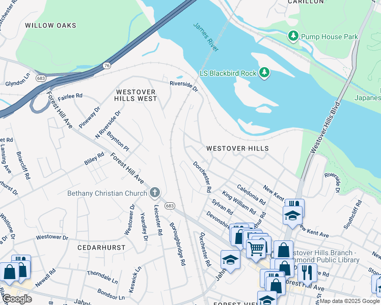 map of restaurants, bars, coffee shops, grocery stores, and more near 5417 Dorchester Road in Richmond