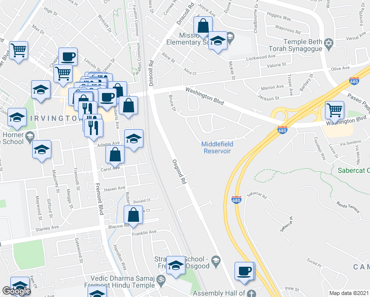 map of restaurants, bars, coffee shops, grocery stores, and more near 42000 Osgood Road in Fremont
