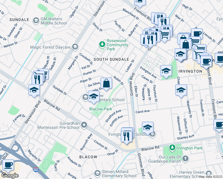 map of restaurants, bars, coffee shops, grocery stores, and more near 4500 Piper Street in Fremont