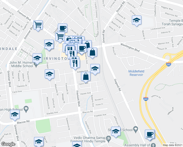 map of restaurants, bars, coffee shops, grocery stores, and more near 3791 Adams Avenue in Fremont