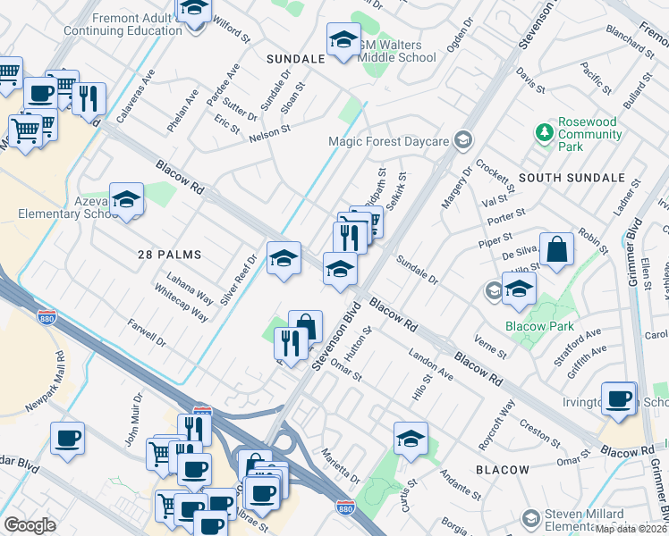 map of restaurants, bars, coffee shops, grocery stores, and more near 39900 Blacow Road in Fremont