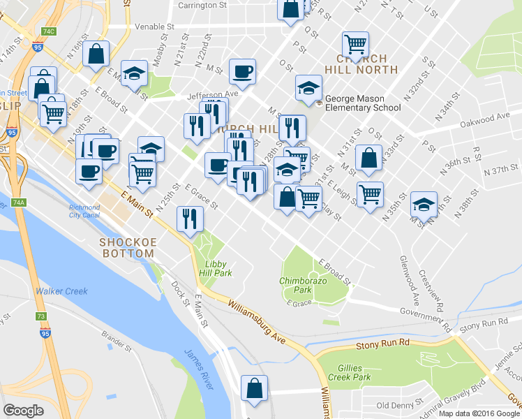 map of restaurants, bars, coffee shops, grocery stores, and more near 314 1/2 North 29th Street in Richmond