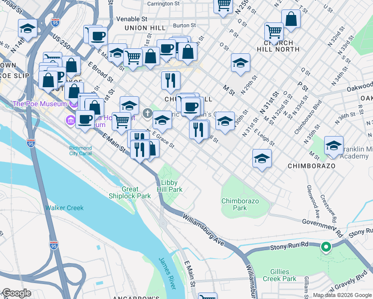 map of restaurants, bars, coffee shops, grocery stores, and more near 2717 East Broad Street in Richmond