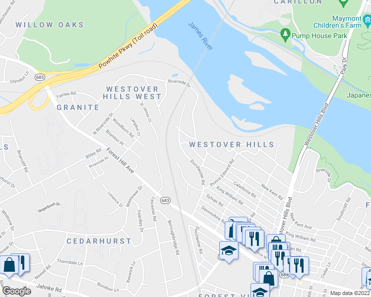 map of restaurants, bars, coffee shops, grocery stores, and more near 5417 Dorchester Road in Richmond