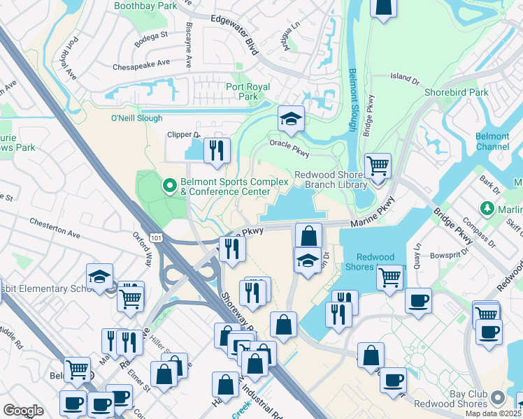 map of restaurants, bars, coffee shops, grocery stores, and more near 100 Oracle Parkway in Redwood City