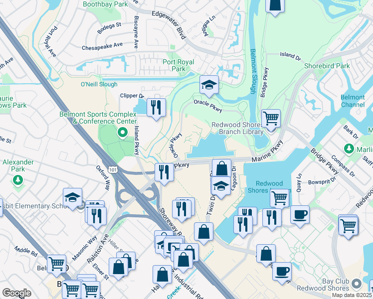 map of restaurants, bars, coffee shops, grocery stores, and more near 100 Oracle Parkway in Redwood City