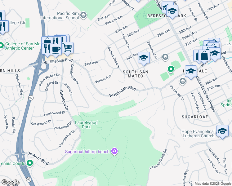 map of restaurants, bars, coffee shops, grocery stores, and more near 860 West Hillsdale Boulevard in San Mateo