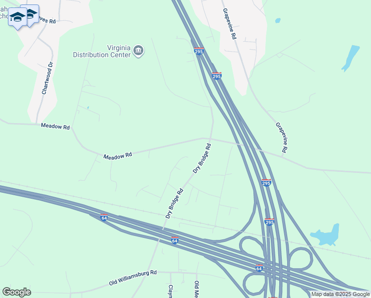 map of restaurants, bars, coffee shops, grocery stores, and more near 2401 Meadow Road in Sandston