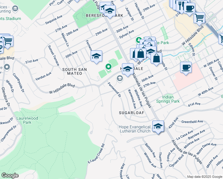 map of restaurants, bars, coffee shops, grocery stores, and more near 700 Laurelwood Drive in San Mateo
